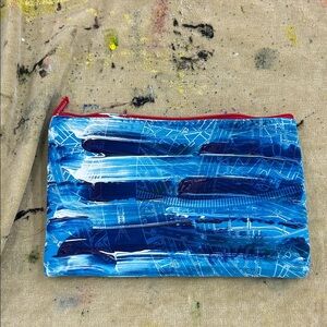Handpainted Blue Abstract emirates clutch. Painted by Catherine. Makeup pouch!